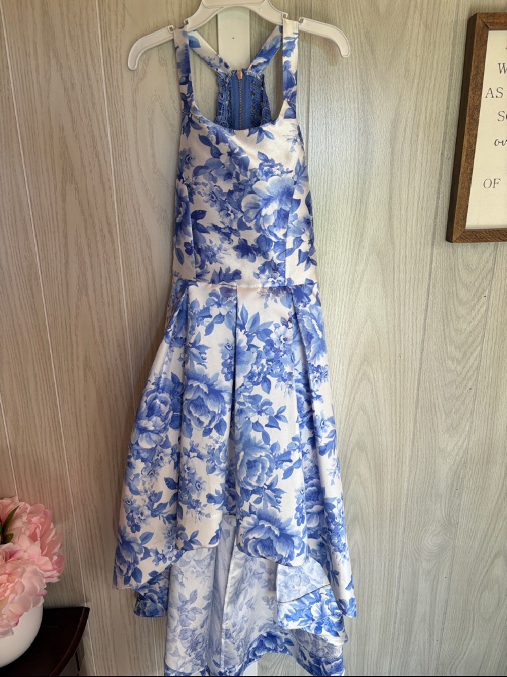 Blue and White Floral High-Low Dress